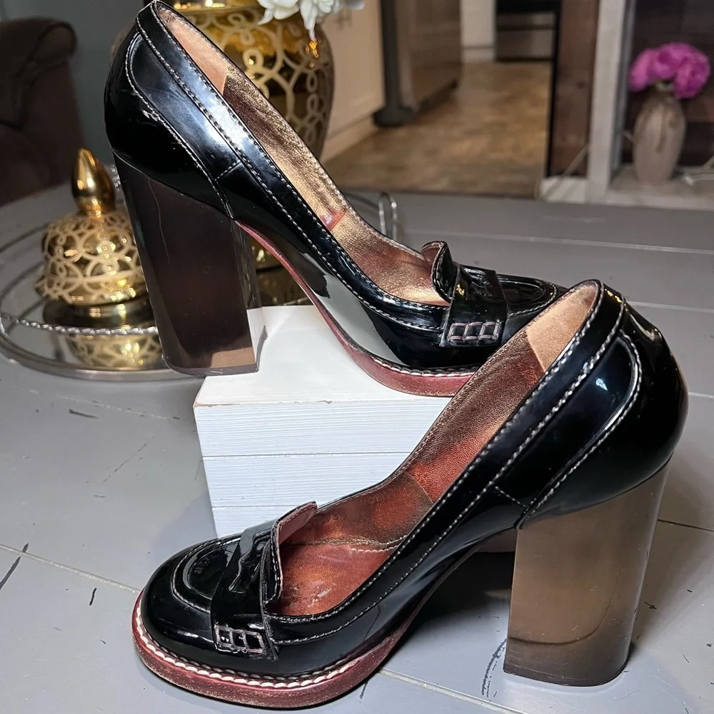 Dolce Gabbana Brown Patent Leather w‎ Gold Penny Loafer Pumps Heels Size 39 - Picture 2 of 12